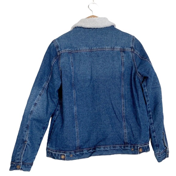 Denim Jacket Womens Small Sherpa Lined Trucker Distressed Fur Collar Cotton Poly - Picture 2 of 15
